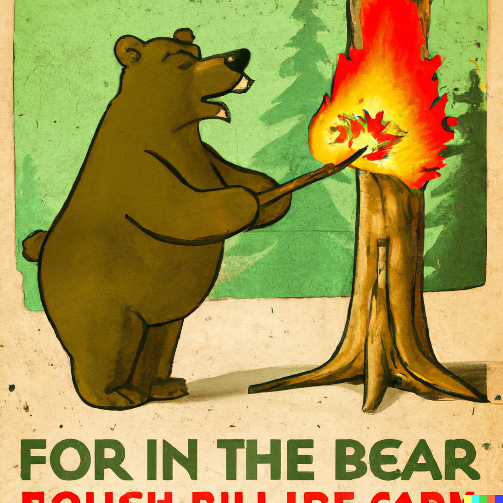uploads/joeh/1658105388/DALL·E 2022-07-08 19.48.18 - A vintage poster of a cartoon bear holding standing in front of a forest fire, lighting a tree on fire with a match.png