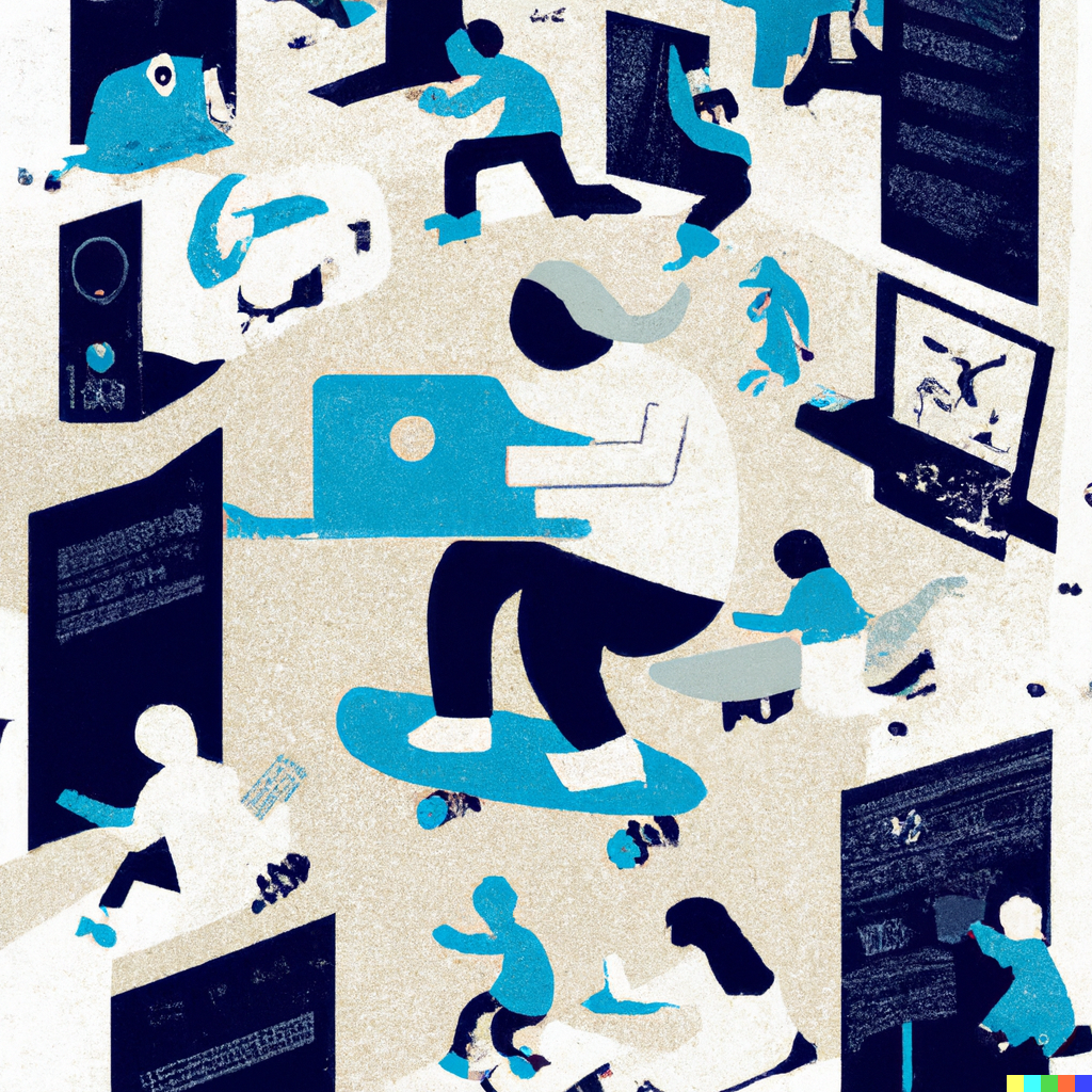 uploads/joeh/1658103560/DALL·E 2022-07-17 17.22.03 - busy office with people on laptops and a person surfing through the middle on a skateboard, abstract art.png