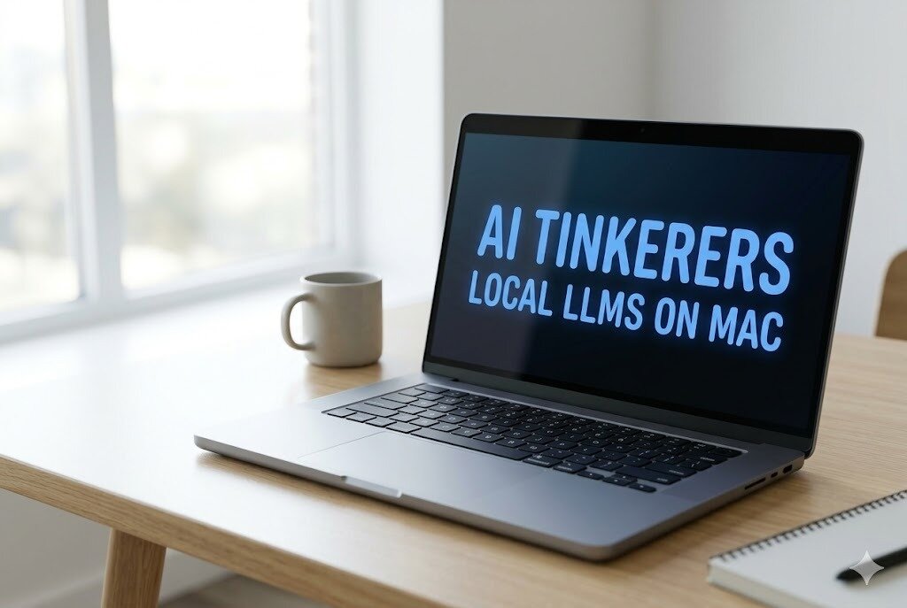 (Photo) A laptop sits open on a light wooden desk next to a mug, displaying the text 'AI TINKERERS LOCAL LLMS ON MAC' on its screen. Text: AI TINKERERS LOCAL LLMS ON MAC laptop on a desk | indoor | laptop displaying text, coffee mug, notebook, bright window background | minimalist, clean, shallow depth of field | Colors: #D5D2CD, #1B222A, #5E97E2, #FFFFFF Note: The image is a realistic photograph depicting a physical workspace setup with a laptop, desk, notebook, and mug.