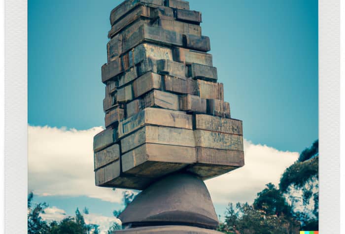A photo of a sculpture made of stacked rectangular blocks balanced on a rounded base, set against a blue sky with some clouds and trees in the background.