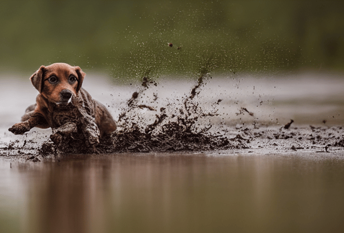 A small brown dog is running through a muddy puddle, creating a splash of mud and water.