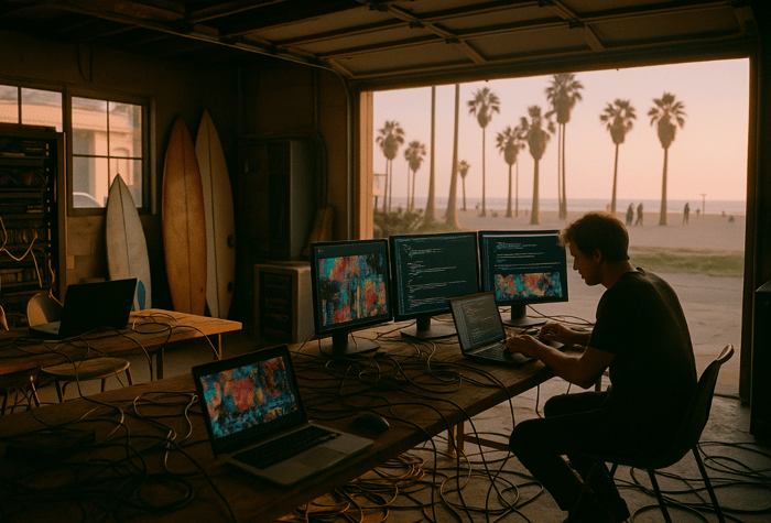 The image captures a person working intently on multiple computer screens and laptops inside what appears to be a dimly lit garage or workshop, with a large opening revealing a sunny beach scene with palm trees and people in the distance. Several surfboards are propped against a wall in the background.