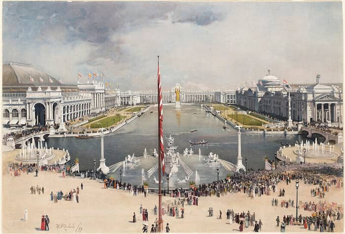 An illustration depicts a grand exposition with large buildings, a central lagoon with fountains and statues, and crowds of people.  A large American flag is prominent in the foreground.. Text: Childe / 93