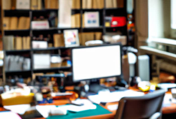 A blurred photo of a home office or study, featuring a desk, computer, chair, and a bookshelf filled with books and other items.