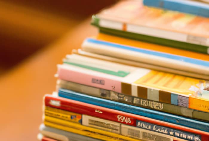 A stack of colorful children's books sits on a wooden surface.
