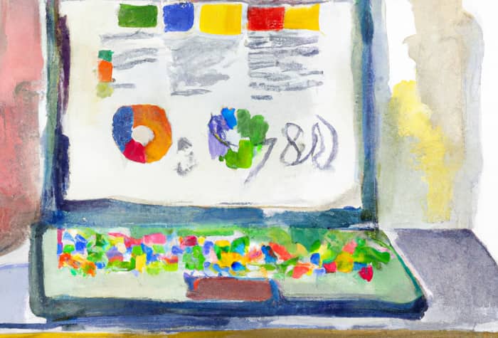 A watercolor painting depicts a laptop displaying charts and graphs on its screen, resting on a table.. Text: 780