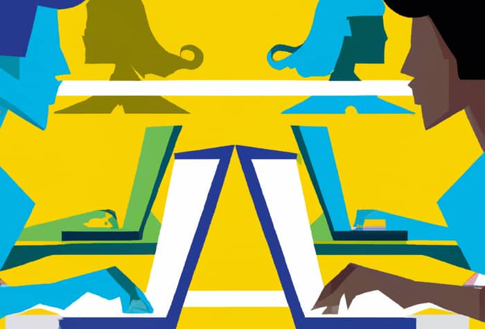 An illustration of four people working on laptops, seemingly collaborating across a table.
