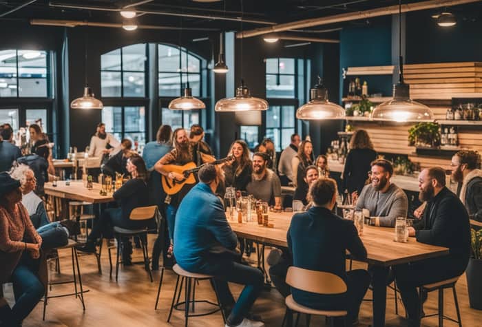 A photo of a lively bar or restaurant scene with people seated at tables, enjoying drinks and live music.