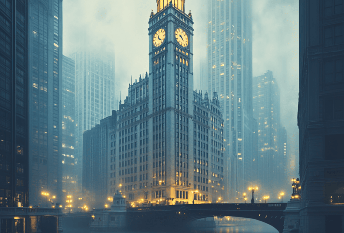 A cityscape at night, shrouded in fog, features a prominent clock tower illuminated with warm light. A bridge spans a river in the foreground.