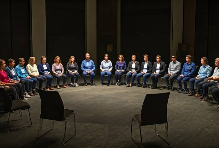 A group of people are sitting in a circle in a room. They are all looking in the same direction.