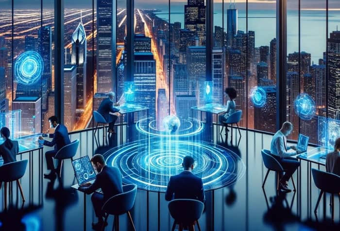 An illustration of a futuristic office space with people working on laptops, overlooking a cityscape at dusk. Holographic displays and interfaces are visible around the room.