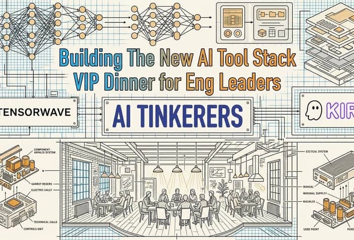 A promotional banner for an AI-themed VIP dinner event, featuring technical diagrams of neural networks and hardware components around an illustration of a group dining.. Text: Building The New AI Tool Stack
VIP Dinner for Eng Leaders
TENSORWAVE
AI TINKERERS
KIRO
TECHINCAL COMPNORSTION
SERASNTOR
COMPONENT ARPALIS SYSTEM
GARROT RESERS
ELECTRIC CALLY
MENIRAL GREEN
CORLOPORICAL CARACTER
TECHINCAL CALLS
CONTROLS UINT
FRAKOFROUSERS SUPPORT
ETCFICAL SYSTEM
DELVAR
COMPONENT CUSSING
MANGAL
MSNUNAL SUPPUY
MAUALER
COMPONONATOR
PCRESSACY
USBD PBONT
