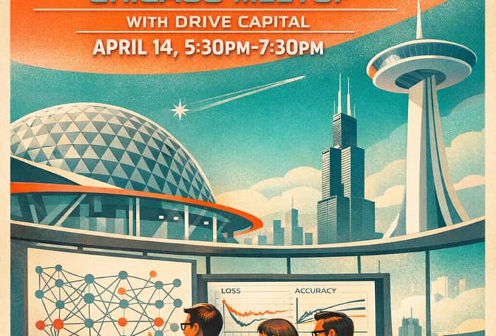 A retro-futuristic promotional poster for an AI Tinkerers meetup in Chicago, featuring a stylized skyline and people analyzing data visualizations.. Text: AI TINKERERS
CHICAGO MEETUP
WITH DRIVE CAPITAL
APRIL 14, 5:30PM-7:30PM
LOSS
ACCURACY
AI TINKERERS - CHICAGO