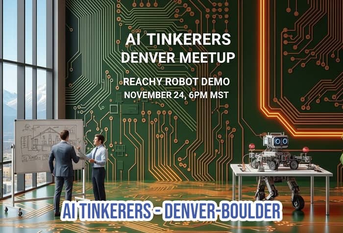 A promotional banner for the AI Tinkerers Denver Meetup, featuring event details overlaid on a futuristic indoor scene where two men in suits discuss plans near a whiteboard, and a 'Reachy Robot' sits on a table.. Text: AI TINKERERS
DENVER MEETUP
REACHY ROBOT DEMO
NOVEMBER 24, 6PM MST
AI TINKERERS - DENVER - BOULDER