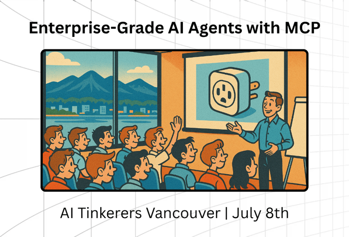 A promotional graphic for an event, featuring a large central illustration of a classroom setting where a presenter is speaking to an audience, with a cityscape visible through windows. Text above and below the illustration provides event details.. Text: Enterprise-Grade AI Agents with MCP
AI Tinkerers Vancouver | July 8th