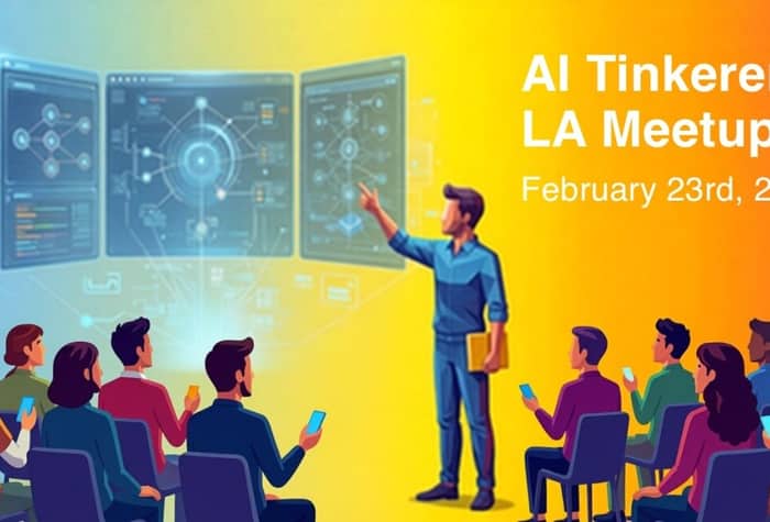 A digital illustration of a presenter pointing at holographic screens during an 'AI Tinkerers LA Meetup' event, set against a vibrant gradient background.. Text: AI Tinkerers
LA Meetup
February 23rd, 2026