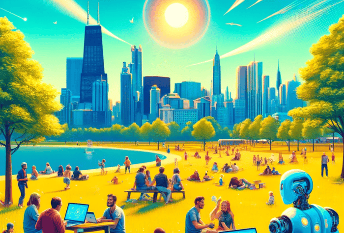 An illustration of people enjoying a sunny day in a park with a futuristic cityscape in the background, including a robot using a laptop.