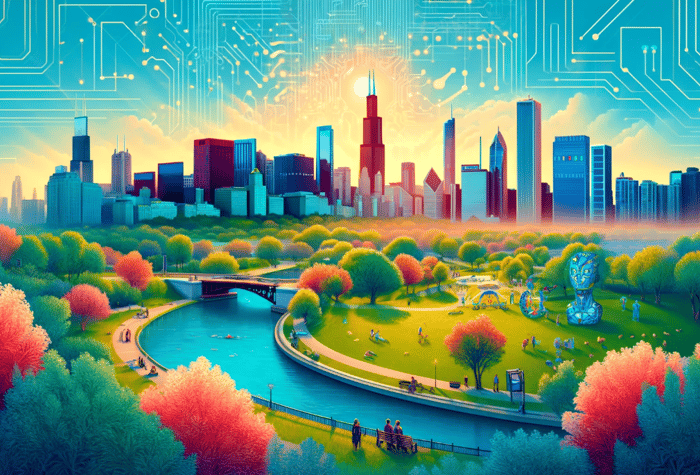 An illustration of a vibrant cityscape with a park, river, and circuit board patterns overlaid in the sky.