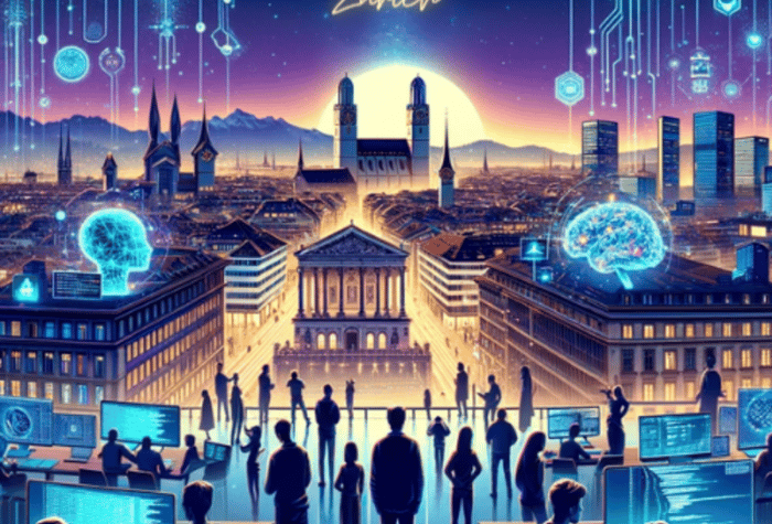 An illustration depicting a futuristic cityscape of Zurich with people working on computers in the foreground, overlaid with AI and technology-related imagery.. Text: AI TINKERERS
Zurich