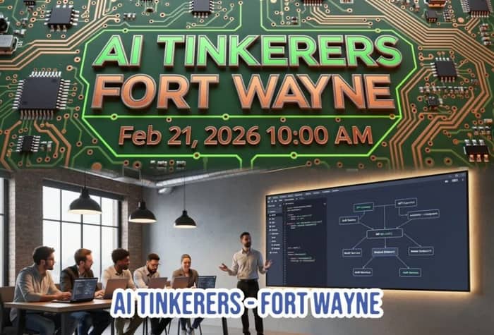 A promotional banner for the 'AI Tinkerers Fort Wayne' group, featuring event details overlaid on a green circuit board graphic above a photo of attendees and a presenter in a modern meeting room.. Text: AI TINKERERS FORT WAYNE Feb 21, 2026 10:00 AM AI TINKERERS - FORT WAYNE