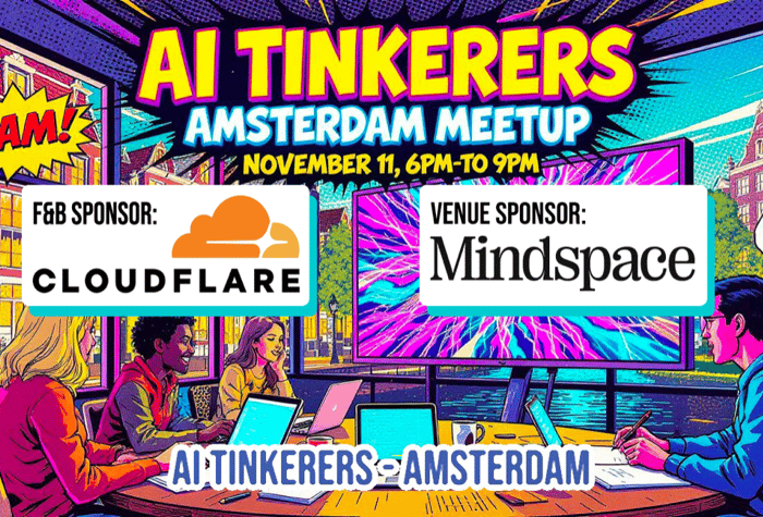 A vibrant, comic-book style promotional banner for the 'AI TINKERERS AMSTERDAM MEETUP,' featuring event details, sponsor logos, and an illustration of people working at a table.. Text: AI TINKERERS AMSTERDAM MEETUP NOVEMBER 11, 6PM-TO 9PM BAM! ZAP! F&B SPONSOR: CLOUDFLARE VENUE SPONSOR: Mindspace AI TINKERERS AMSTERDAM