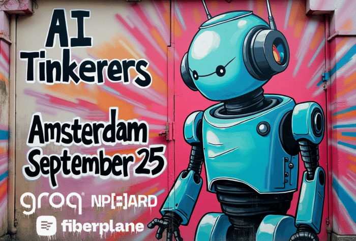 A mural advertisement for an AI Tinkerers event in Amsterdam on September 25th, featuring a cartoon robot.. Text: AI Tinkerers
Amsterdam
September 25
groo NPi=JARD
fiberplane