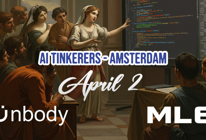This image is a digitally altered painting depicting a scene reminiscent of a classical art piece, but with modern elements like code on a screen and text promoting "AI Tinkerers - Amsterdam, April 2", "Ünbody", and "ML6". It blends classical art style with modern technology and event promotion.. Text: AI TINKERERS-AMSTERDAM
April 2
Ünbody
ML6