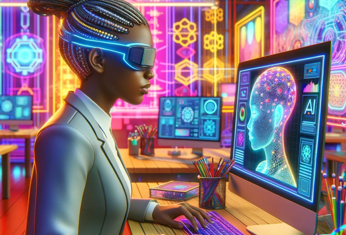 A woman wearing futuristic glasses works at a computer in a neon-lit room, with a wireframe head displayed on the screen.. Text: AI