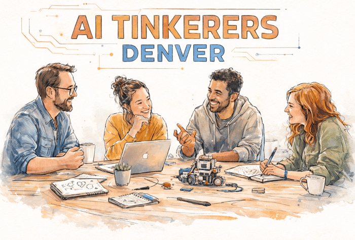 A watercolor-style illustration depicting four people sitting around a table, collaborating on technology projects, with the text 'AI TINKERERS DENVER' at the top.