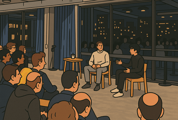 The image shows a cartoon illustration of a speaker giving a presentation to an audience in a modern, indoor setting. The scene is likely an interview or Q&A session, with a city skyline visible through the windows.