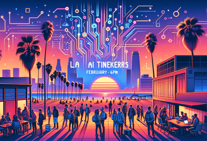 An illustration of people gathered on a beach boardwalk at sunset, with a backdrop of a cityscape and a stylized circuit board design.. Text: LA AI TINEKERRS
FBRUARY - 6PM