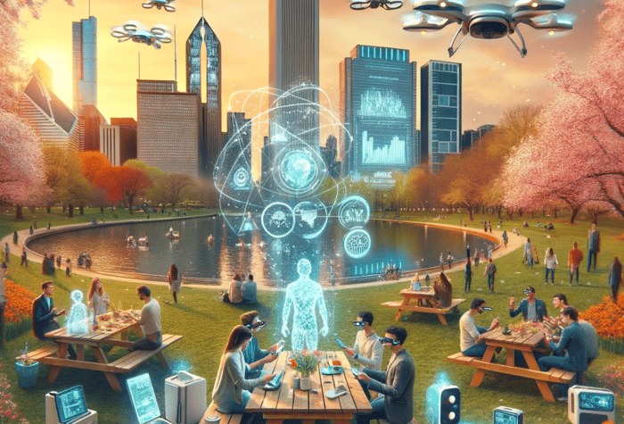 An illustration depicting a futuristic park scene with people using advanced technology like VR headsets and holographic projections, set against a backdrop of a modern cityscape.