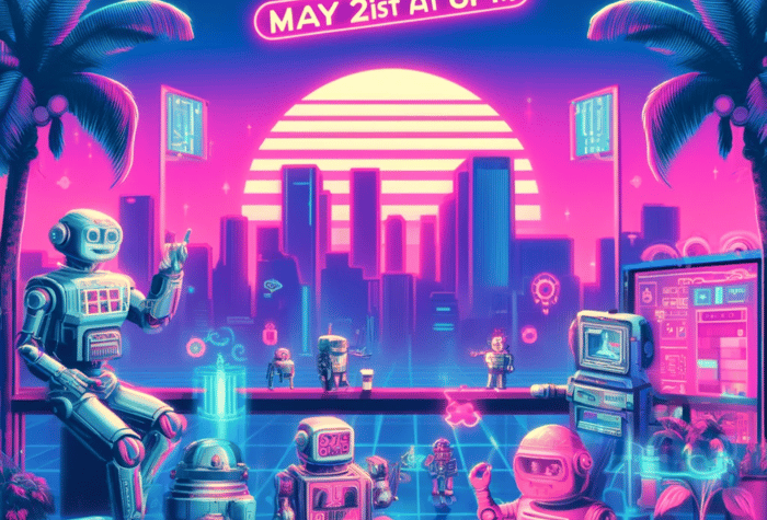 An illustration depicting a group of robots in a futuristic, vaporwave-inspired cityscape.. Text: AI TINKERERS
MAY 21st At 6PM