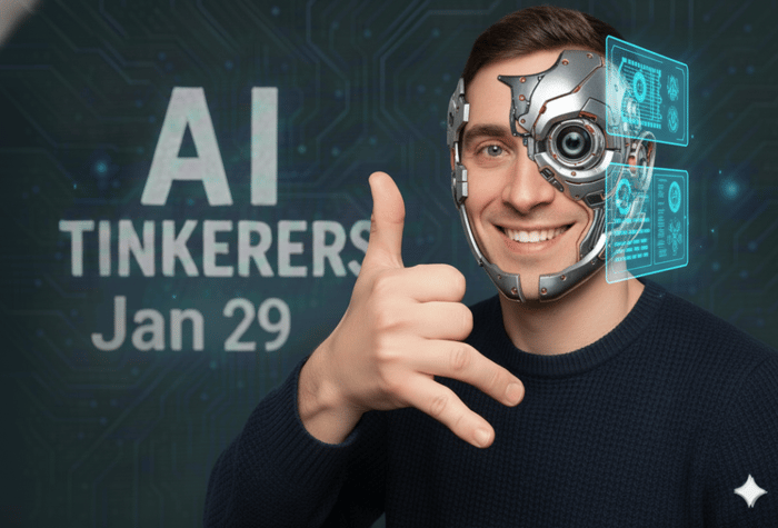 A promotional image featuring a man with a digitally added cyborg faceplate and holographic displays, giving a hand gesture, overlaid with large white text promoting an event or group.. Text: AI
TINKERERS
Jan 29