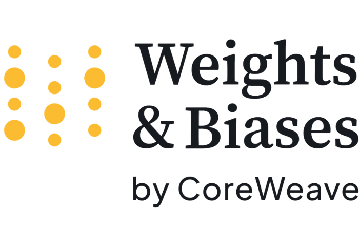 A corporate logo for 'Weights & Biases by CoreWeave,' featuring a dark gray wordmark next to a graphic composed of varying-sized yellow circles arranged in a grid pattern, all set against a black background.