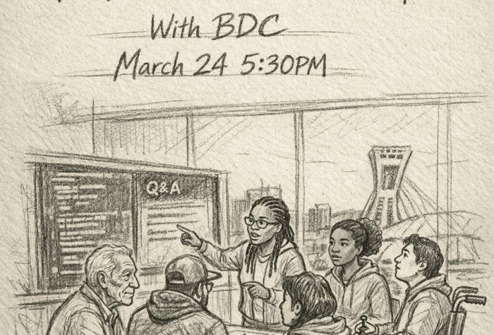A sketch-style promotional illustration for an AI Tinkerers Montreal Meetup, featuring a diverse group of people engaged in a discussion around a screen.. Text: AI Tinkerers Montreal Meetup
With BDC
March 24 5:30PM
Q&A
AI TINKERERS - MONTREAL