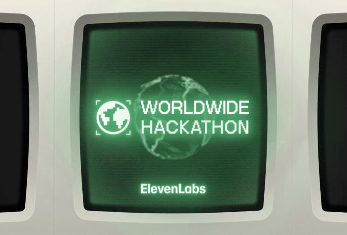 A digital banner featuring three retro-style CRT monitors, where the central screen displays promotional text for a hackathon in glowing green on a dark background.. Text: WORLDWIDE HACKATHON ElevenLabs