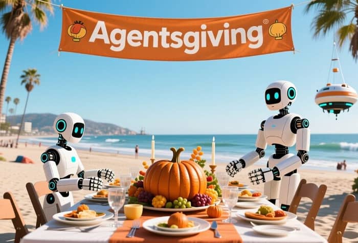Two white humanoid robots are depicted sitting at a formal Thanksgiving-style dinner table set up on a sunny beach, beneath an orange banner reading "Agentsgiving." The table is adorned with a large pumpkin centerpiece, and the tropical setting includes palm trees, the ocean, and distant buildings.