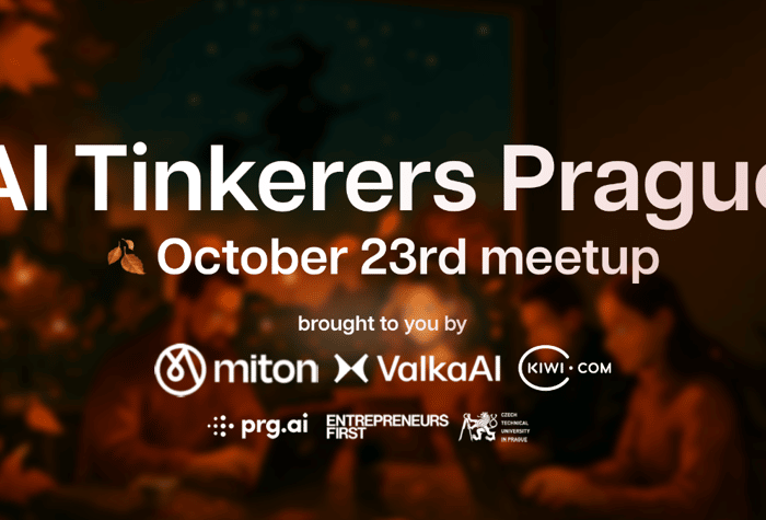 A dark, promotional banner advertising the 'AI Tinkerers Prague October 23rd meetup,' featuring large white text overlaid on a blurred background depicting people working in an evening setting with autumnal colors.. Text: AI Tinkerers Prague October 23rd meetup brought to you by miton ValkaAI KIWI.COM prg.ai ENTREPRENEURS FIRST CZECH TECHNICAL UNIVERSITY IN PRAGUE