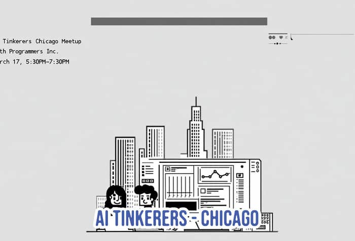 A promotional banner for the AI Tinkerers Chicago Meetup, featuring a minimalist line-art illustration of a city skyline and a computer interface.. Text: AI Tinkerers Chicago Meetup
With Programmers Inc.
March 17, 5:30PM-7:30PM
AI TINKERERS CHICAGO
