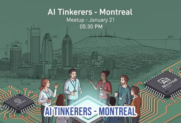 A promotional banner for the 'AI Tinkerers - Montreal' meetup, featuring a digital illustration of professionals networking against a backdrop of the Montreal skyline rendered in a technical blueprint style and overlaid on a circuit board pattern.. Text: AI Tinkerers - Montreal
Meetup - January 21
05:30 PM
AI TINKERERS - MONTREAL
AI Montreal AI 1804
tinkerers
2.40
2.50
30.5
6.17
0.45
747 1:20
017
LF