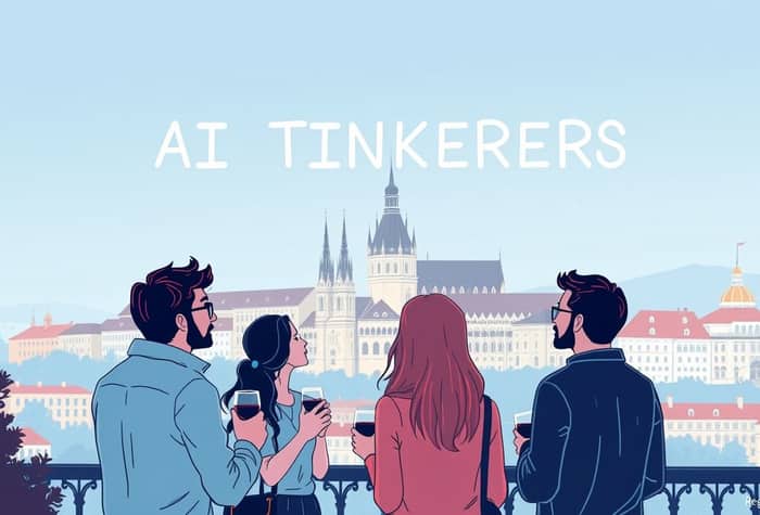 An illustration of four people enjoying drinks on a balcony overlooking a cityscape with prominent buildings.. Text: AI TINKERERS
Regenate 2024
