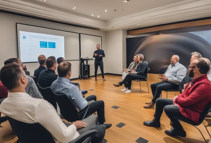 A group of people are seated in chairs, watching a presentation by a man standing in front of a projection screen.. Text: Securing Cloud Native Microservices Applications with Confidential Computing