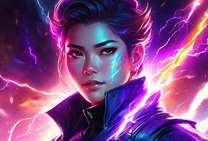 An illustration of a woman with dark hair and a futuristic, purple jacket, with lightning effects surrounding her.