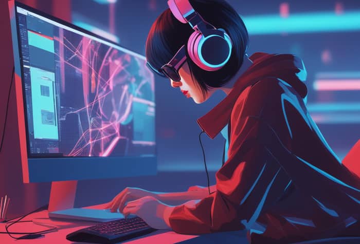 An illustration of a person with headphones working on a computer in a dimly lit room with neon accents.