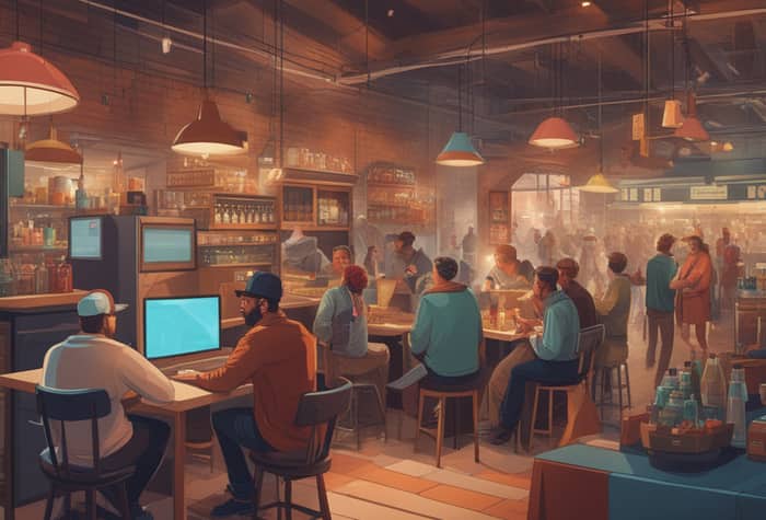 An illustration of a bustling indoor market scene with people eating, working on computers, and browsing goods.