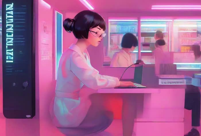 An illustration of a woman with short dark hair and glasses, wearing a white lab coat, working on a laptop in a brightly lit pink room that resembles a laboratory or office.. Text: 121TNC MUTANT