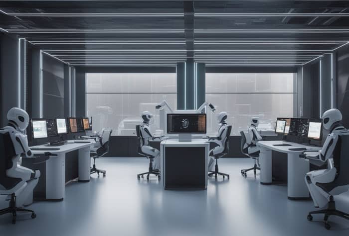 An illustration of a futuristic control room with several robots seated at computer terminals.