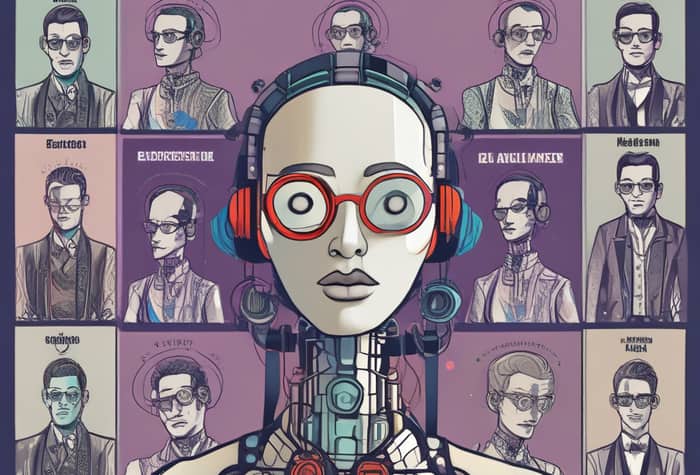 An illustration featuring a central robotic figure with headphones and glasses, surrounded by smaller portraits of individuals, possibly musicians, in formal attire.. Text: Oscar
Beatbot
ElDorado.de
Moderna
Arctic Monkeys
Medesma
Sobrino
X.Curiosity
Blutengel
Kaiser