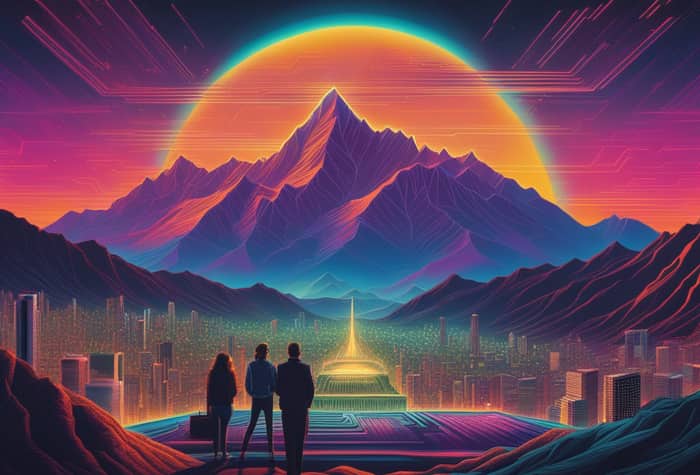 Three people stand on a hill overlooking a futuristic cityscape with a large, stylized mountain in the background and a glowing orange sun or other celestial body.